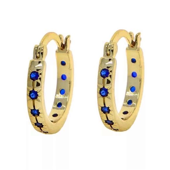 FIVE AND TWO 18K GOLD HOOPS DIAMOND CUT SAPPHIRE CRYSTALS STARBURST HOOPS LOOPS - Picture 4 of 15